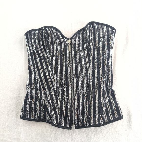 Glitter Sequin Bustier Lace Up Corset Zip Front Silver Black Women's Small - Picture 1 of 8
